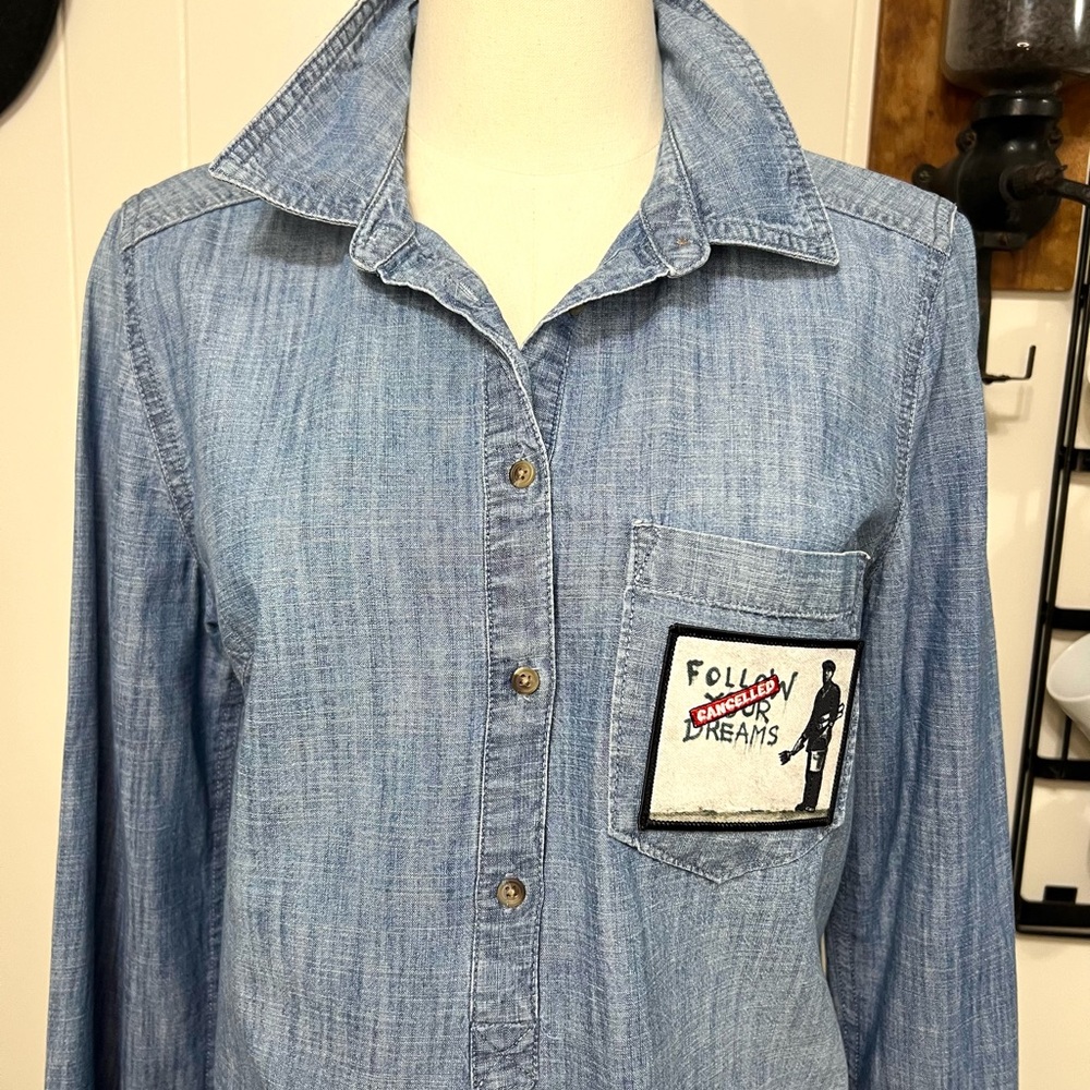 Denim Button-Up Shirt With Patch - image 5
